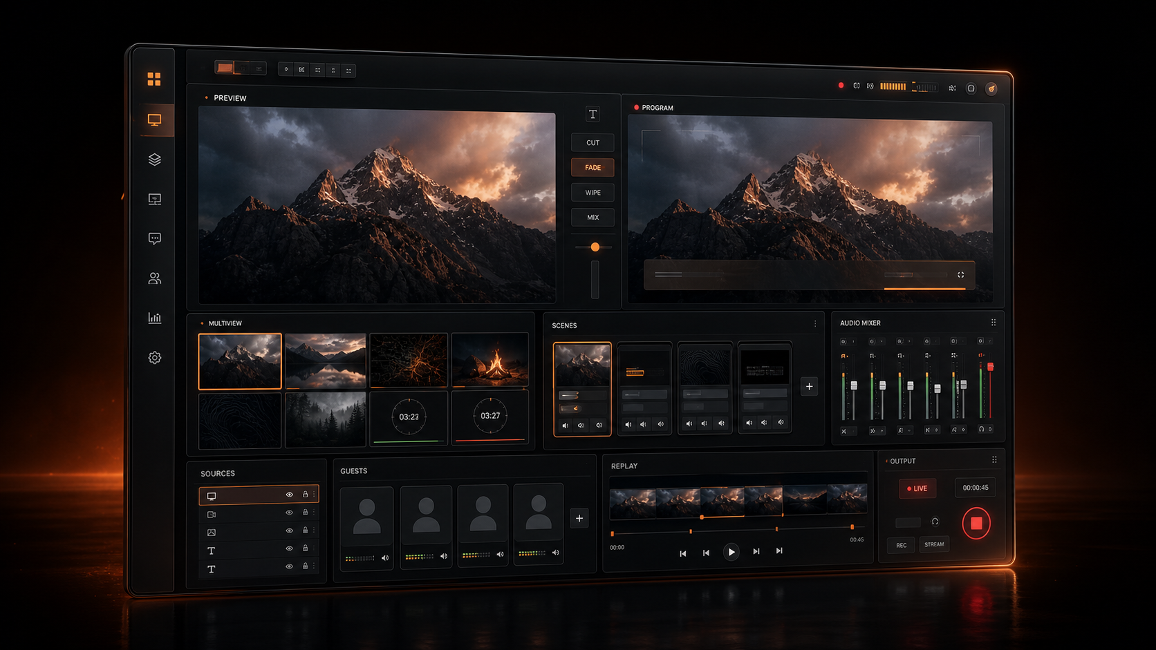 MCast Studio live production interface showing preview, program, scenes, guests, replay, and audio controls